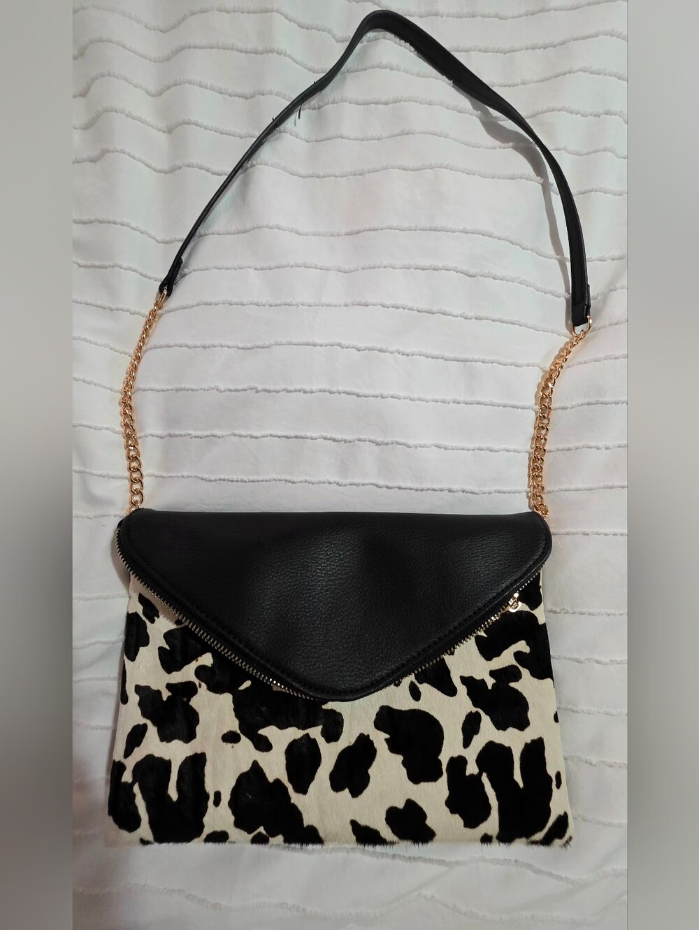Seven Days Black & White Cowhide Fold-Over Shoulder Bag Cross body Purse